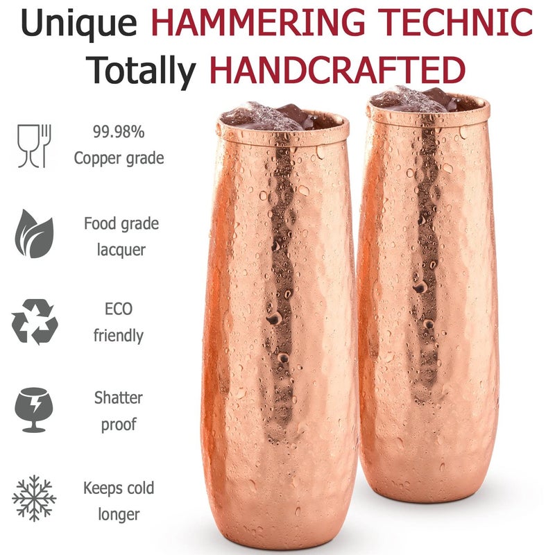 Mosscoff Copper flutes set of 4 - Moscow mule copper flutes - 10 oz hammered stemless champagne flutes of solid copper - copper wedding 7th set - Image 3